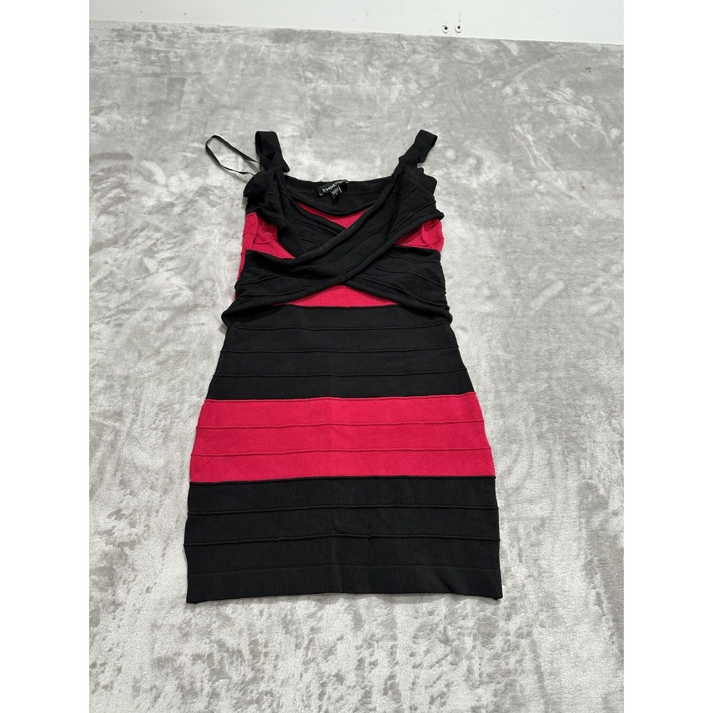 Bebe Women's Ribbed Bodycon Dress Sleeveless Black & Red Striped Size Small EUC